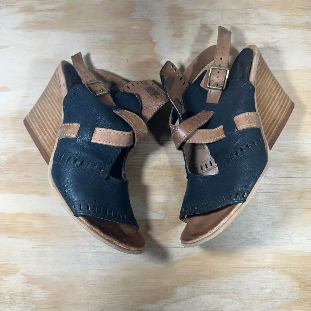 Miz Mooz Kipling Leather Black and Tan Wedge Sandals Women’s Size 7.5